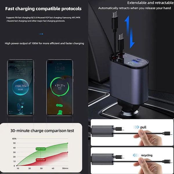 4 IN 1 Retractable Car Fast Charger