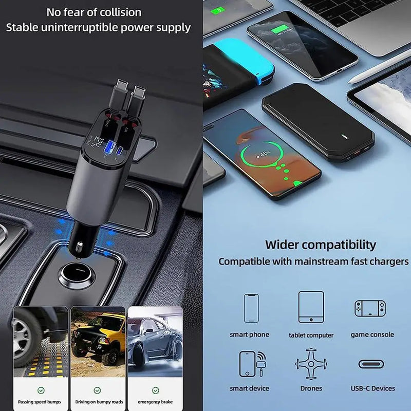 4 IN 1 Retractable Car Fast Charger